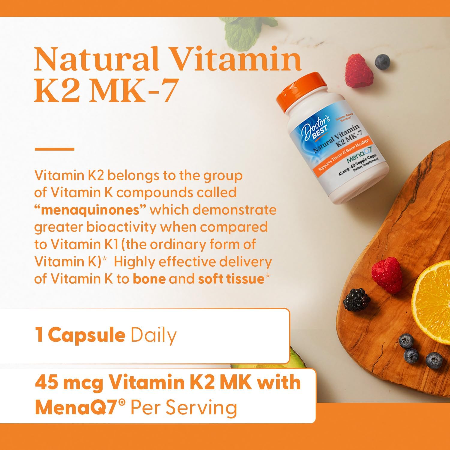 Authentic USA imported Doctor's Best Vitamin K2 45 micrograms packaging highlighting bone health support.