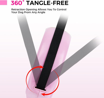 Side view of the pink retractable leash showing the internal spring casing.