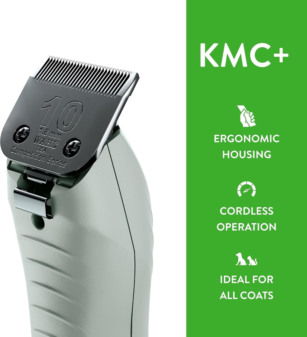 Wahl KMC Plus cordless pet clipper highlighting the power button and speed controls.