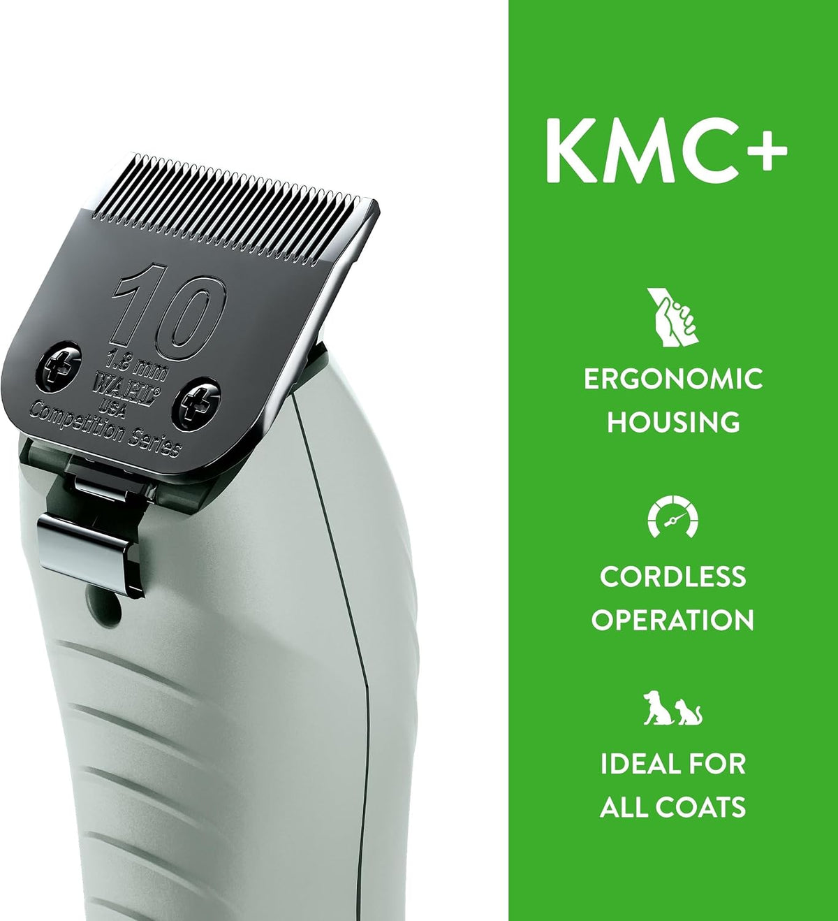 Wahl KMC Plus cordless pet clipper highlighting the power button and speed controls.