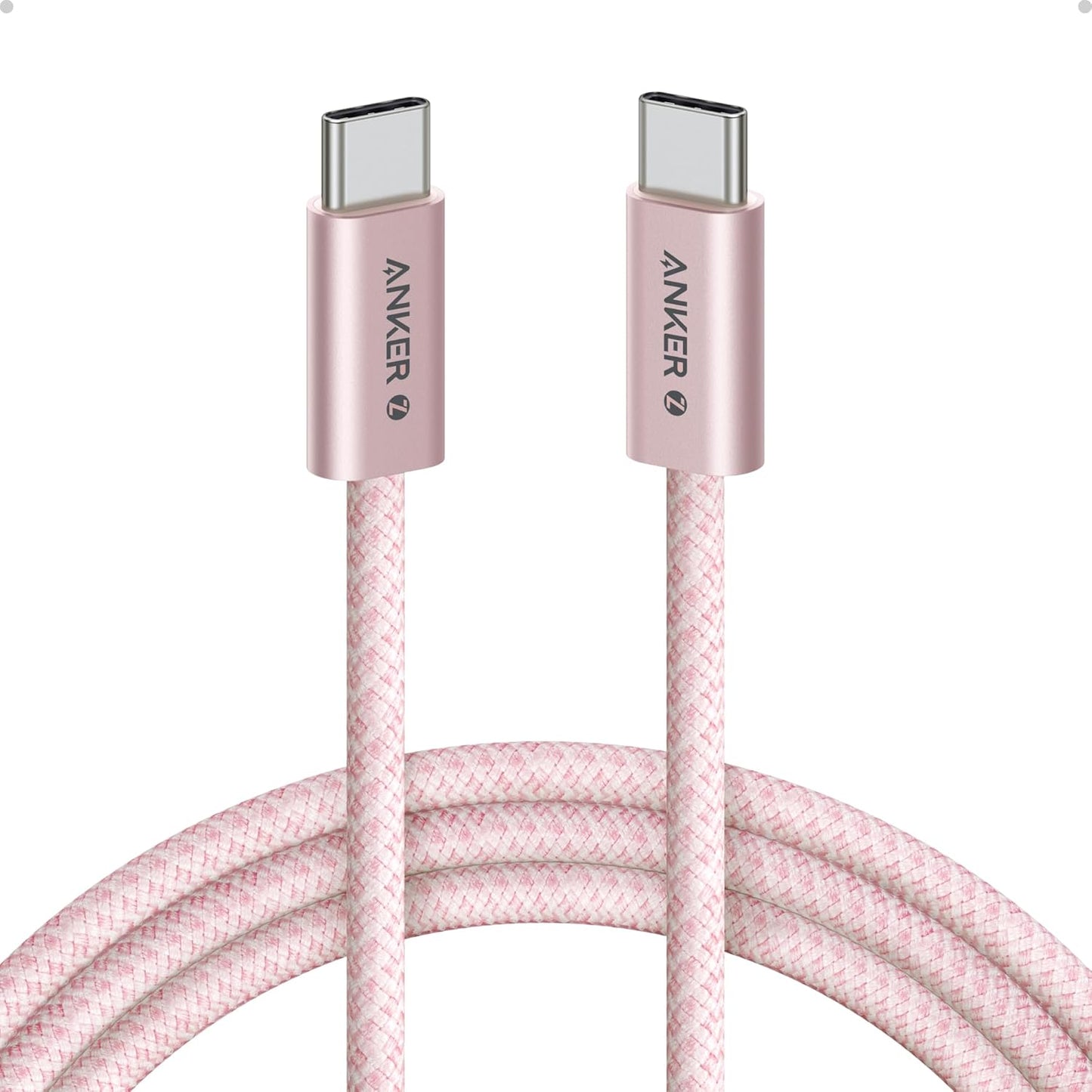 Anker Zolo USB C to USB C cable front view showcasing the premium pink braided nylon material.