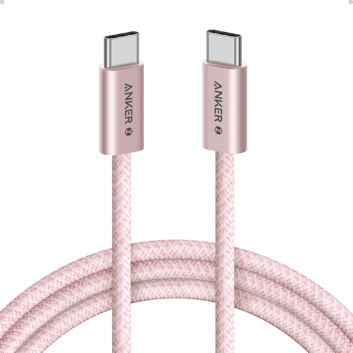 Anker Zolo USB C to USB C cable front view showcasing the premium pink braided nylon material.