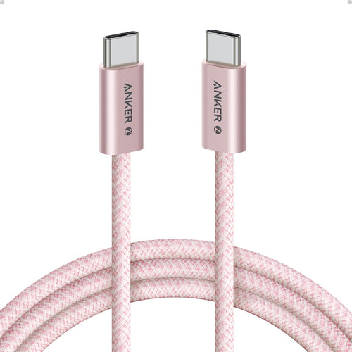 Anker Zolo USB C to USB C cable front view showcasing the premium pink braided nylon material.