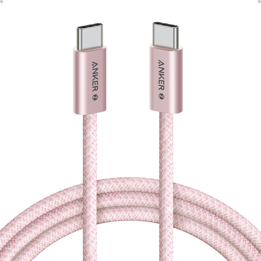 Anker Zolo USB C to USB C cable front view showcasing the premium pink braided nylon material.