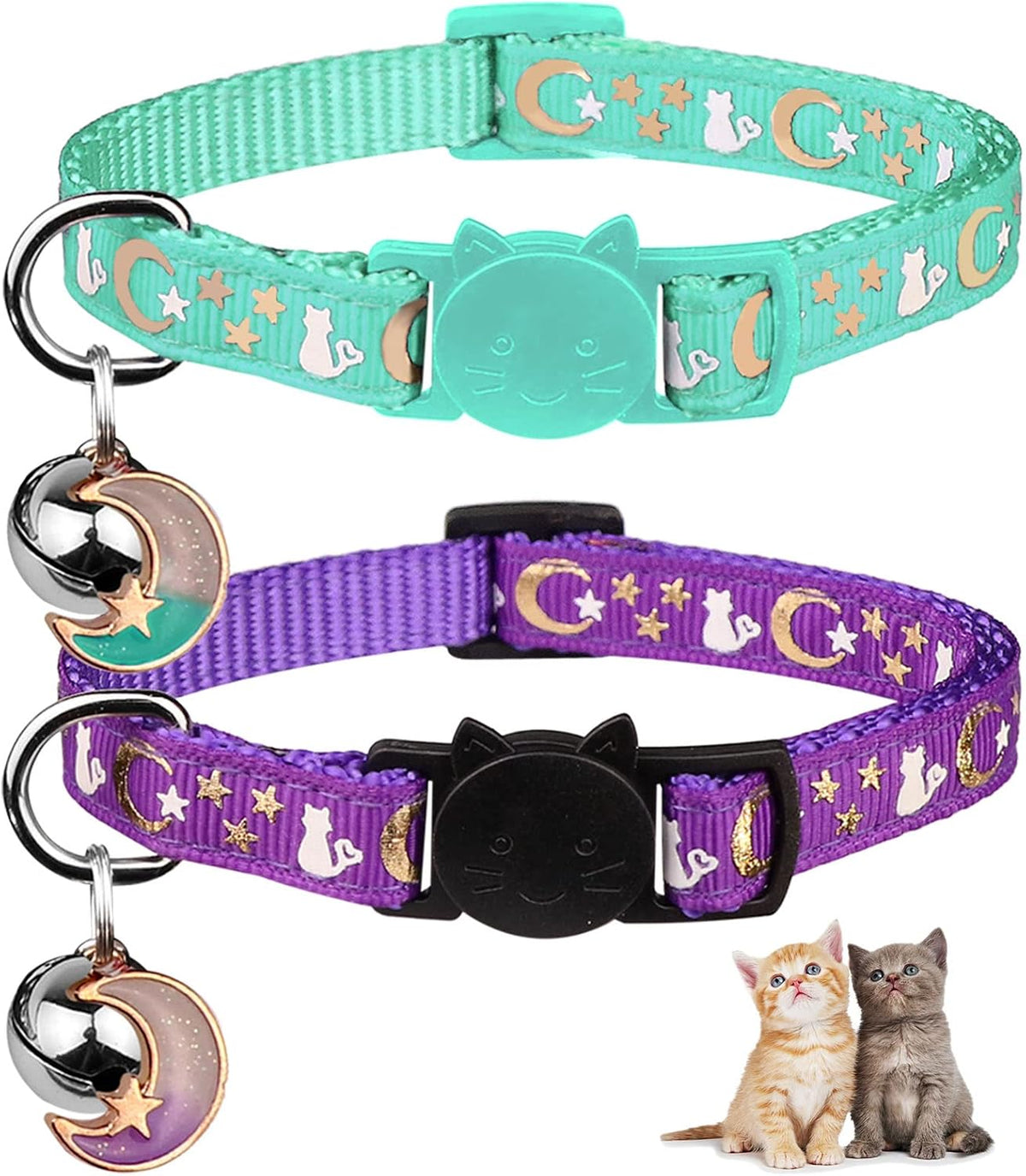 Baeuppit 2PCS Breakaway Cat Collars with Bell Cute Kitty Glow in The Dark Adjustable Kitten Collars(Grey&Black) - Image 9