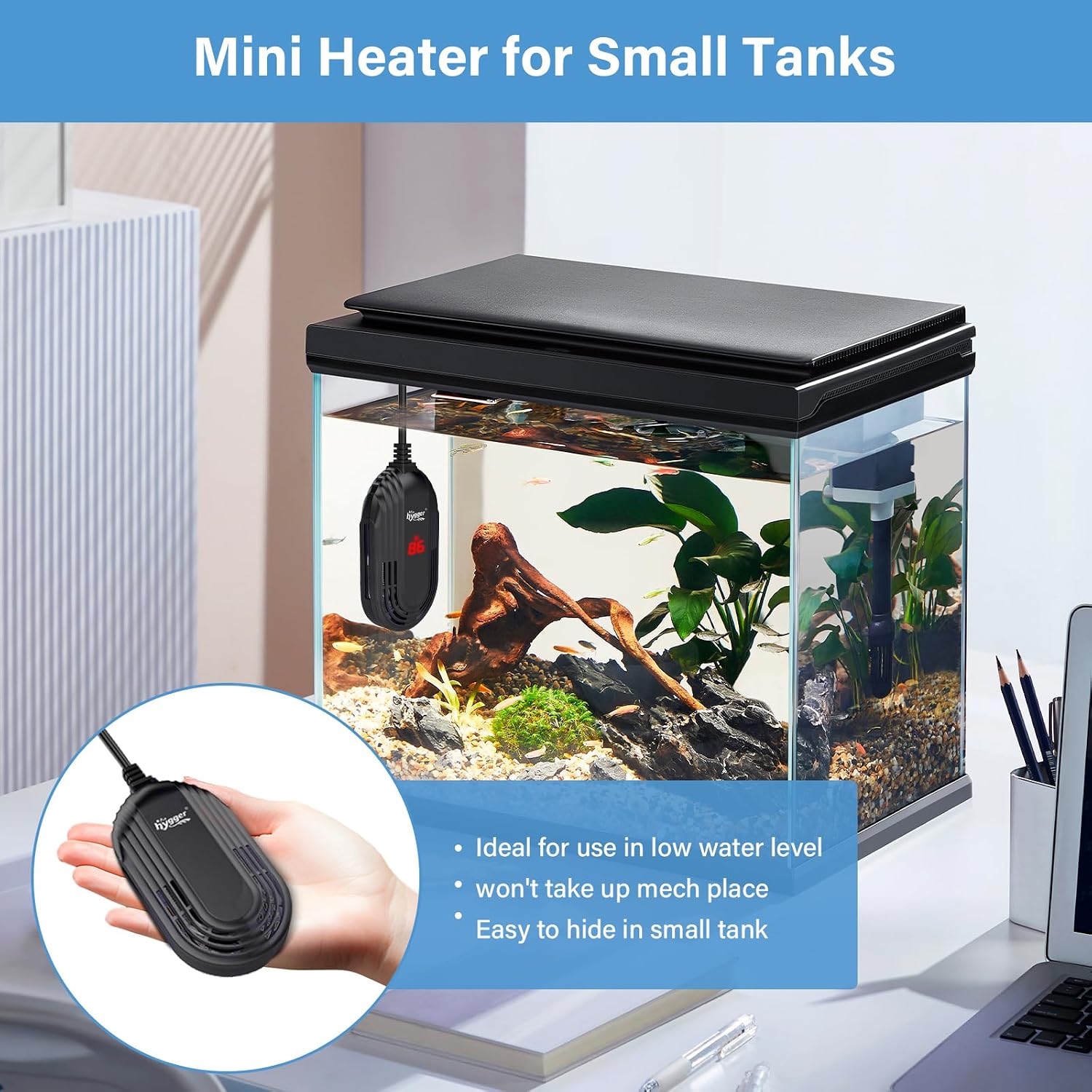 Slim profile design of Hygger 15W aquarium heater