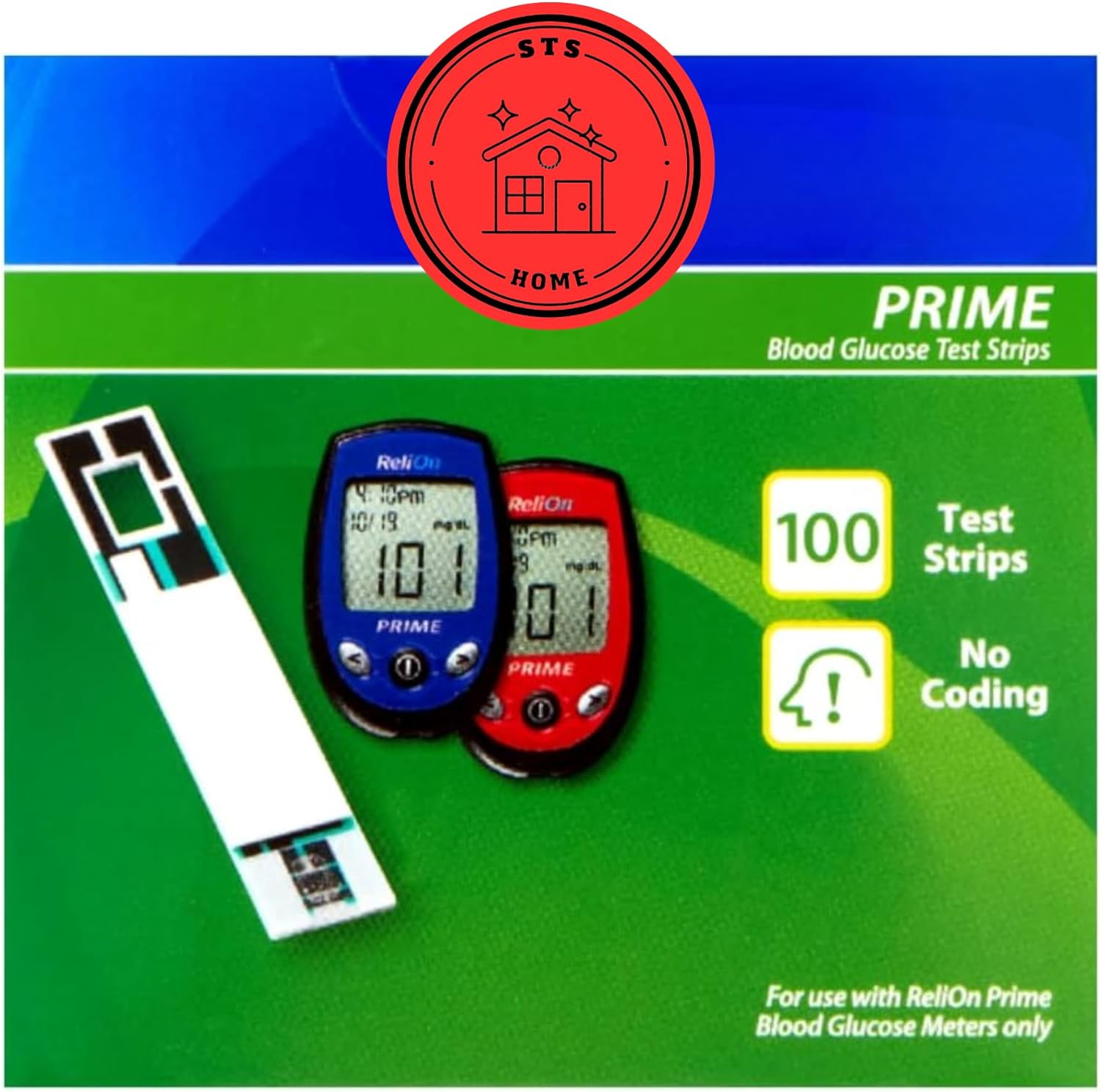 STS Home ReliOn Prime Blood Glucose Test Strips front packaging view showing the 100 count box.