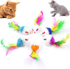 Electspark furry rattle mouse cat toy front view showing six colorful plush mice with feather tails