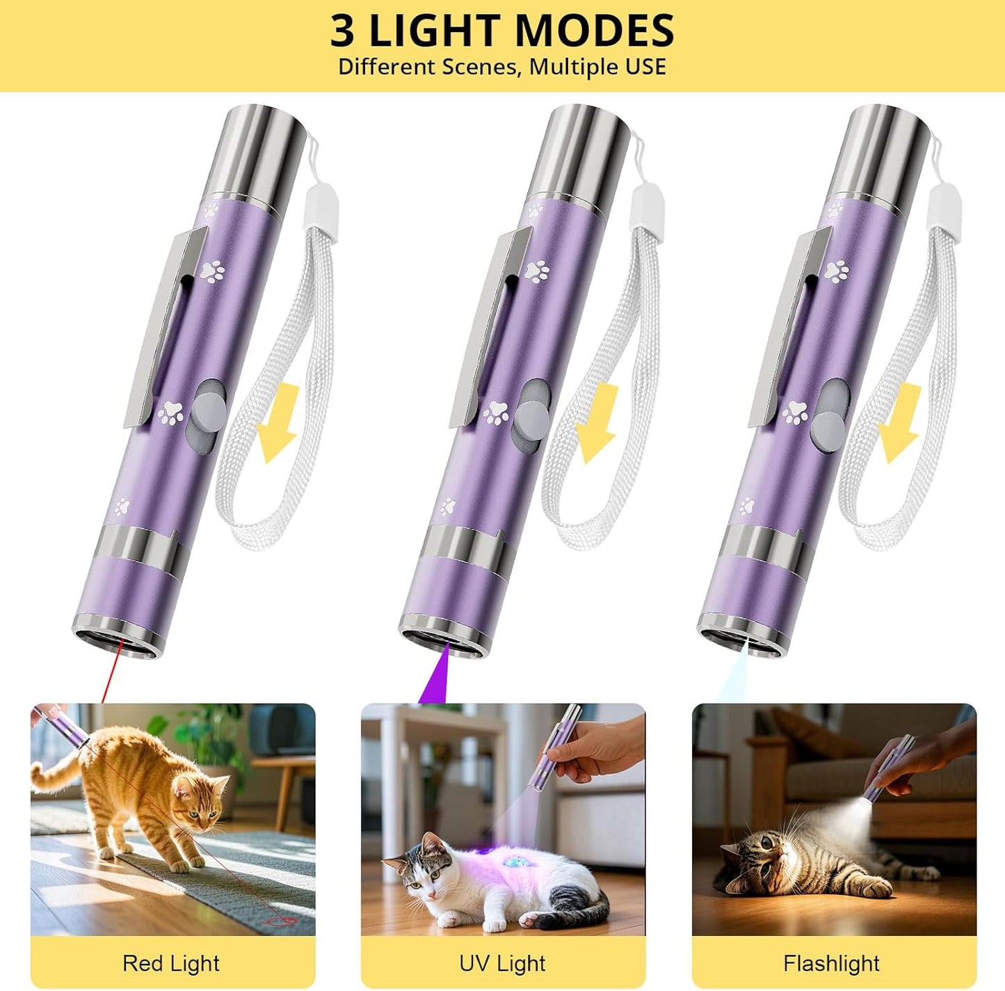 Durable metal casing version of the OUMSIS cat light pointer next to a standard plastic toy.