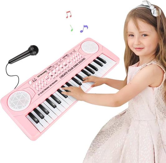 M SANMERSEN kids keyboard piano front view in pearly pink showing thirty-seven keys and attached microphone.
