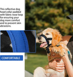 Close up of padded nose loop on blue dog head collar