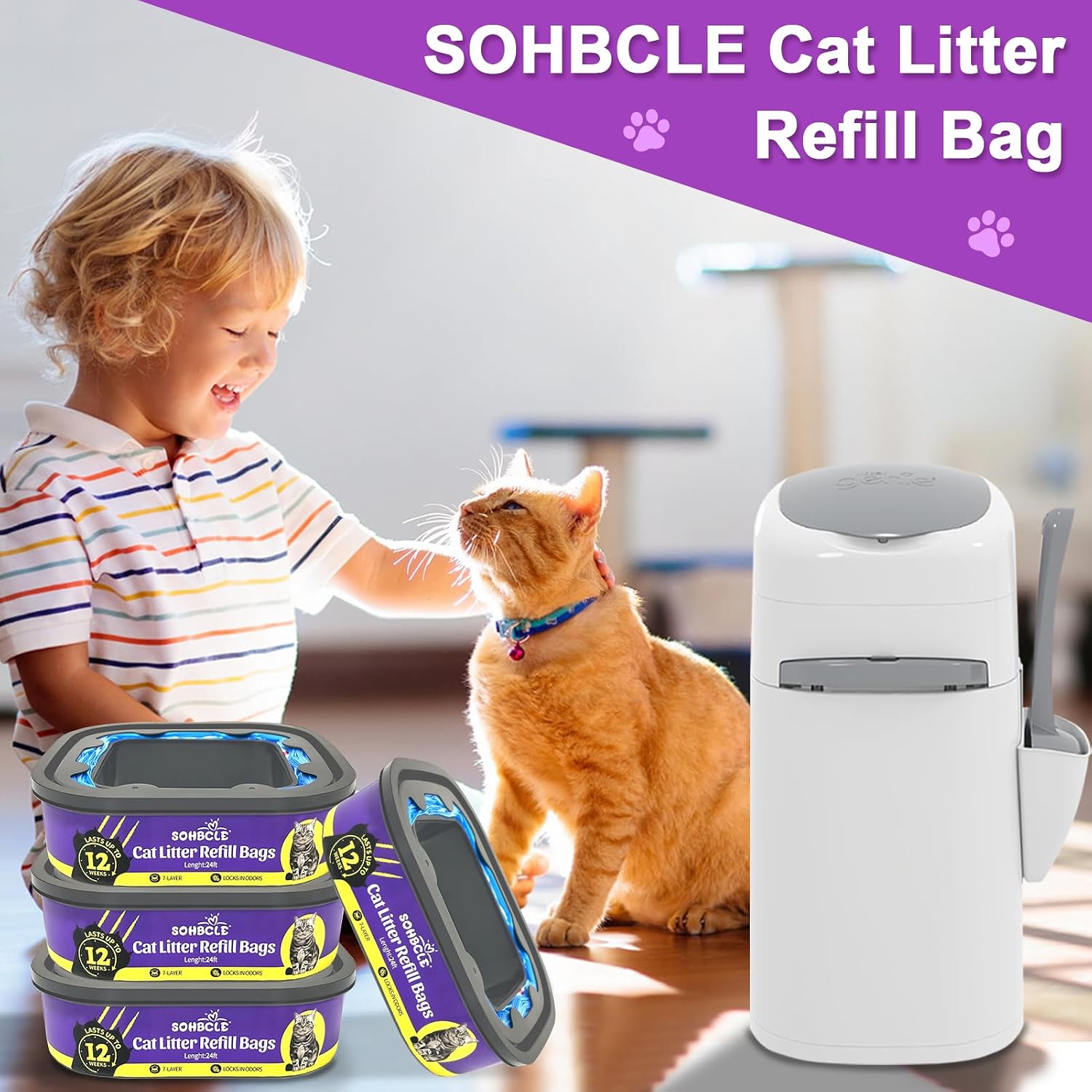 Lavender infused scented cat litter bag cartridge showing twenty four feet capacity.