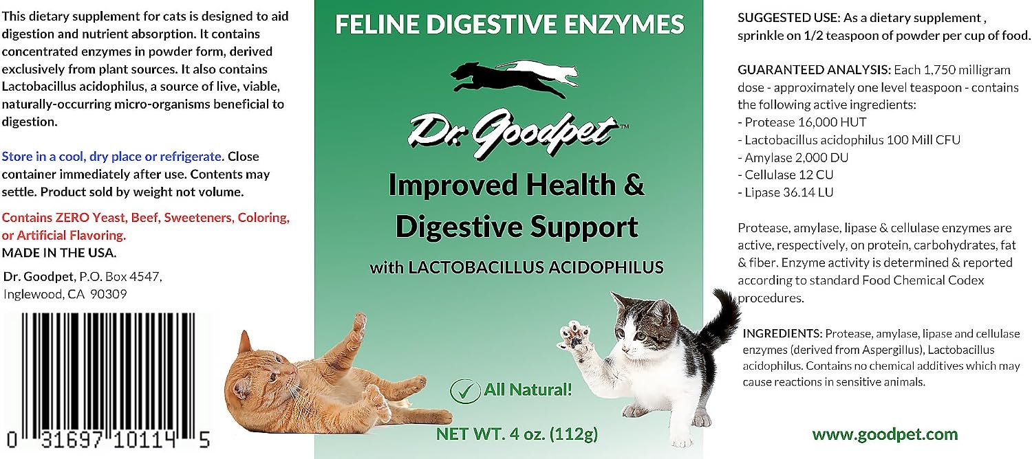 Close up of Dr. Goodpet Feline Digestive Enzymes bottle highlighting probiotic and prebiotic ingredients.