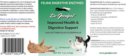Close up of Dr. Goodpet Feline Digestive Enzymes bottle highlighting probiotic and prebiotic ingredients.