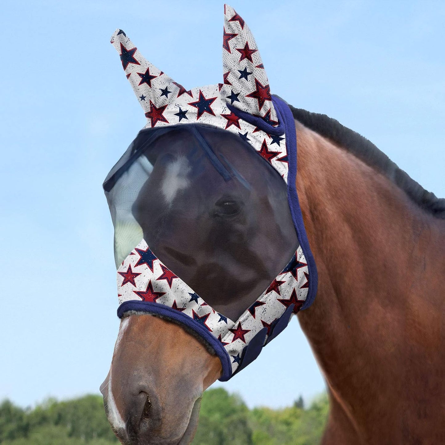 Side profile of horse wearing Harrison Howard LumiVista fly mask