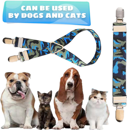 Back view of a cat wearing the adjustable pet diaper keeper strap system.