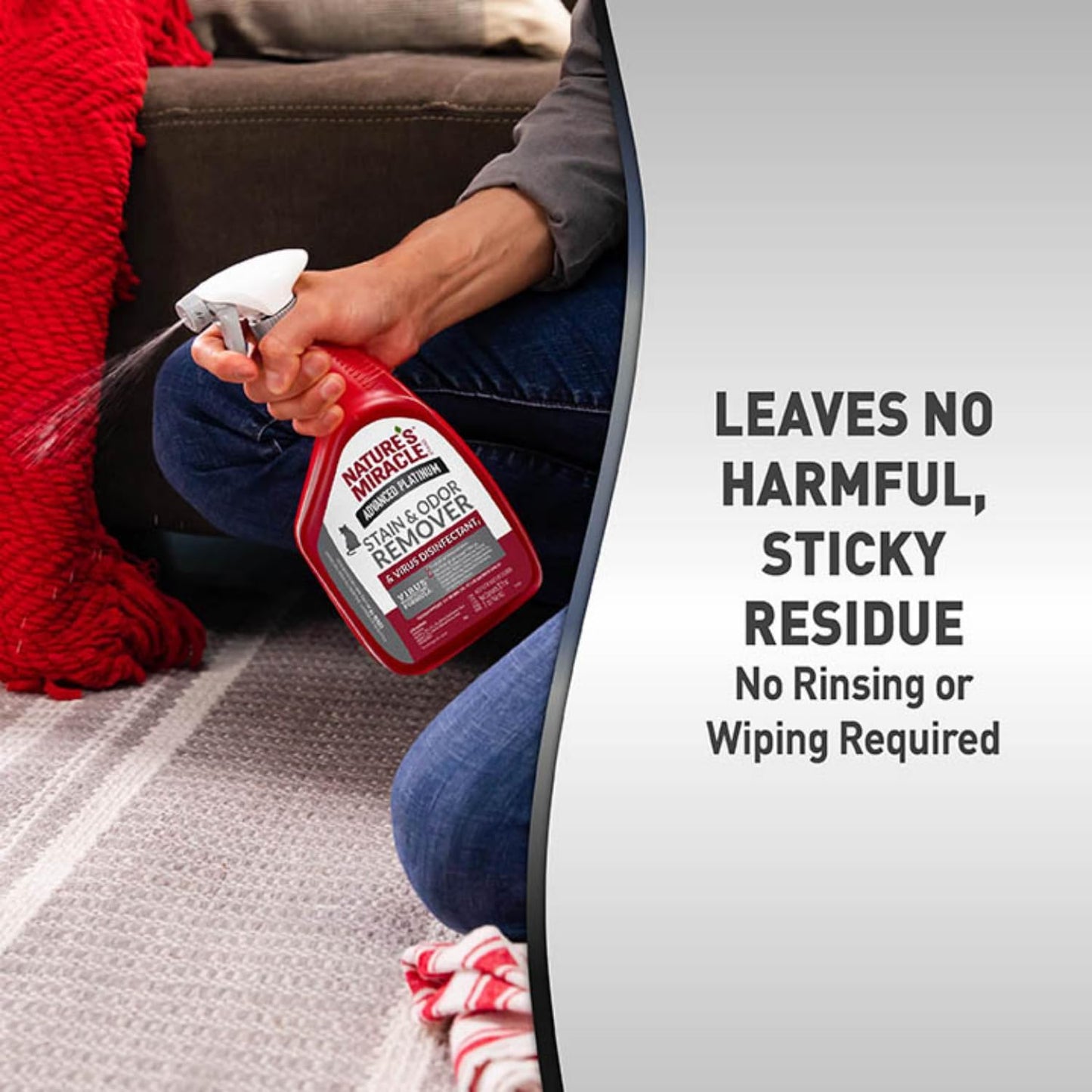 Nature's Miracle pet odor neutralizer bottle placed next to a clean pet crate.