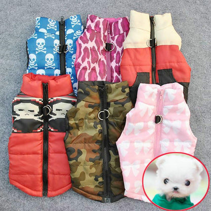 Small dog wearing camouflage warm winter vest