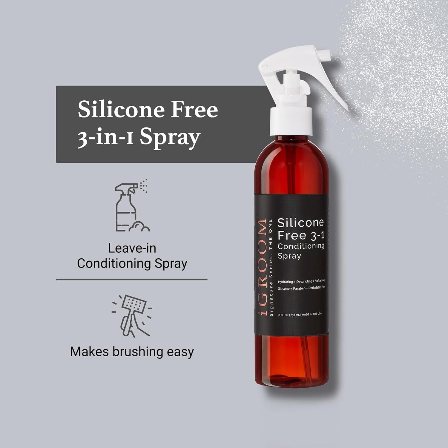 Authentic iGroom detangling mist bottle displaying ingredient panel for paraben free pet care