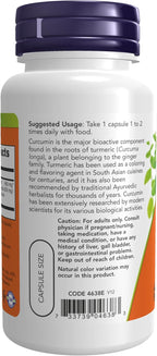 Side angle of Now Foods standardized extract 95 percent curcuminoids dietary supplement packaging.