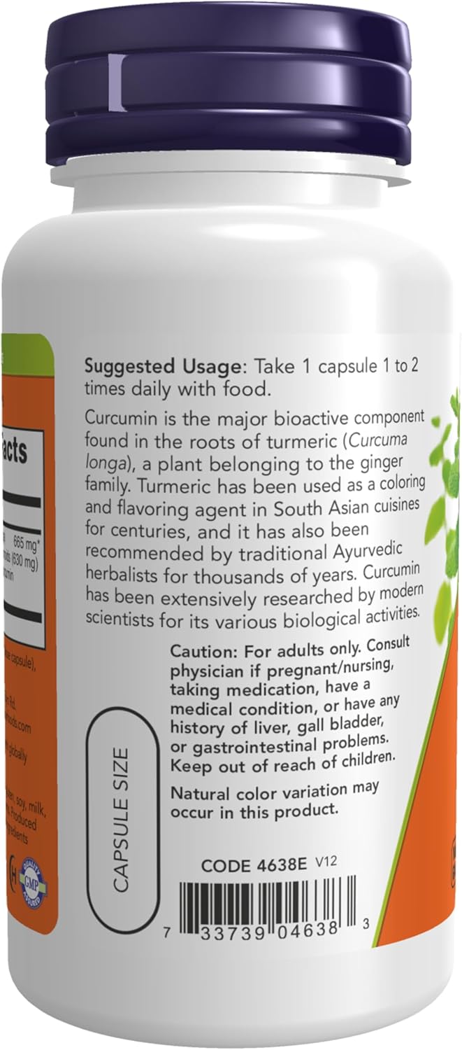 Side angle of Now Foods standardized extract 95 percent curcuminoids dietary supplement packaging.