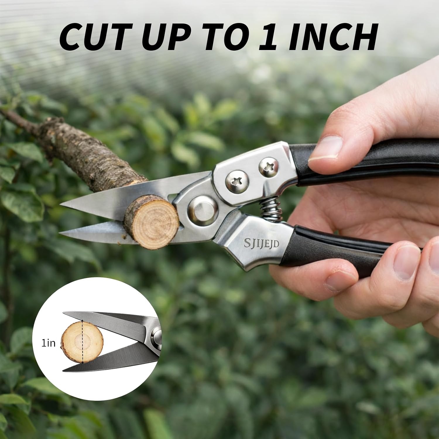 Stainless steel goat hoof trimmers demonstrating wire cutting functionality in a garden.