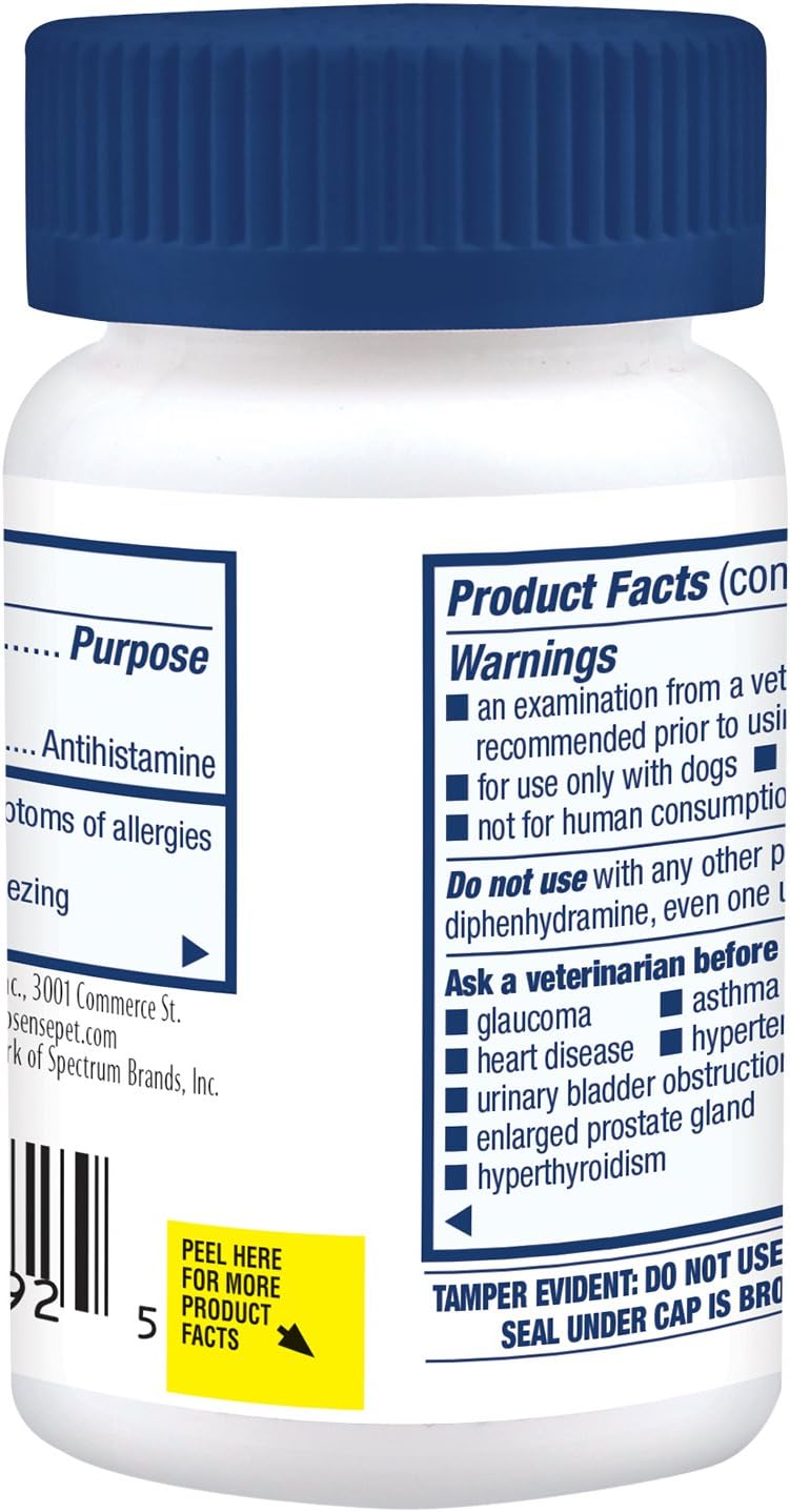 Pro-Sense dog antihistamine one hundred count bottle showing clear dosage instructions for pet owners