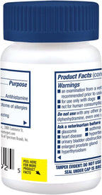 Pro-Sense dog antihistamine one hundred count bottle showing clear dosage instructions for pet owners