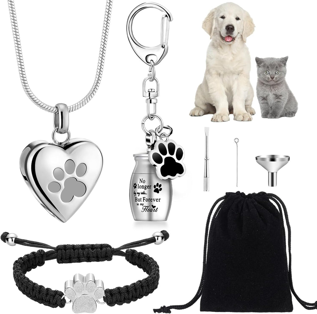 Tondiamo pet cremation jewelry set showing silver heart necklace bracelet and keychain front view