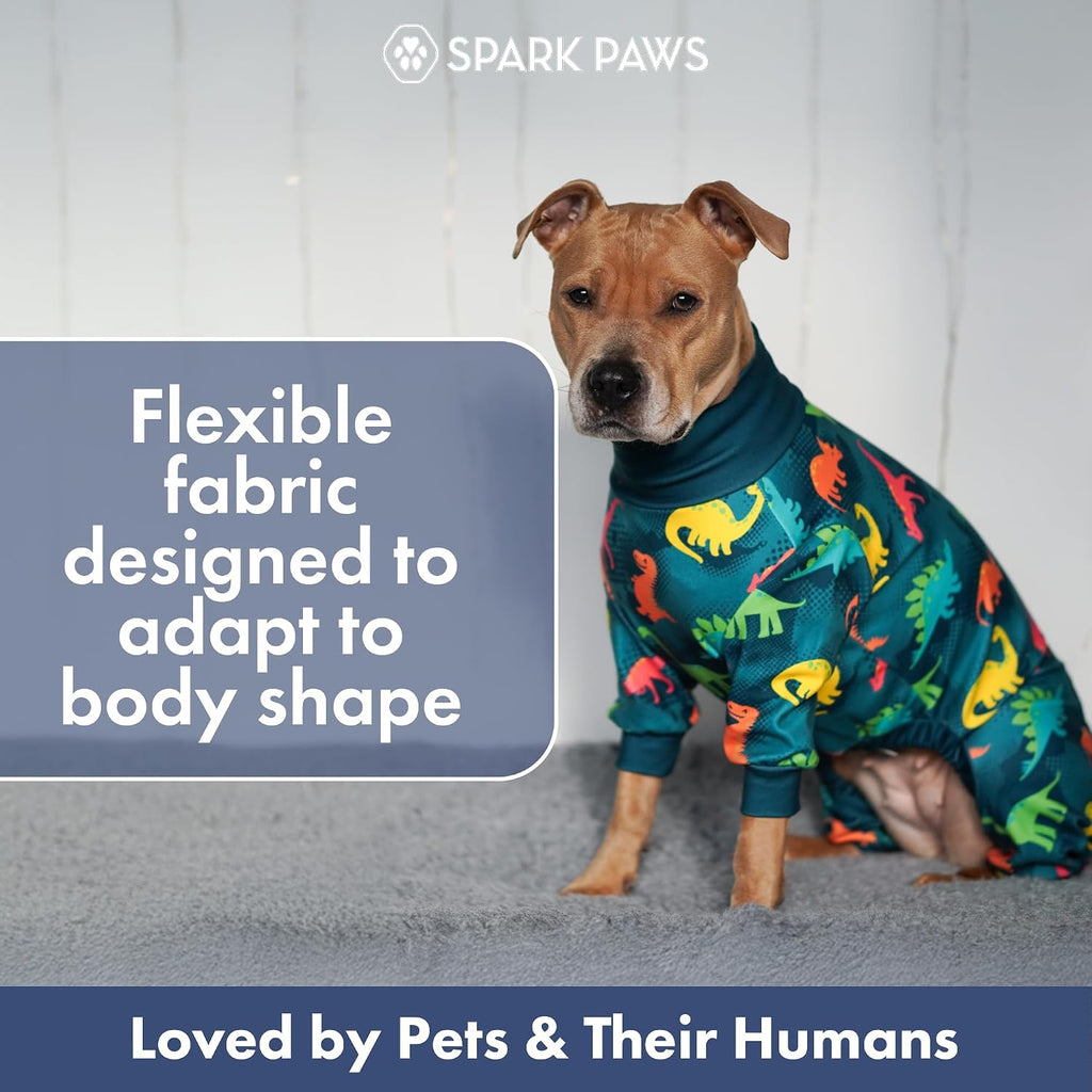 Spark Paws post surgery dog suit being worn by a medium sized pet indoors.