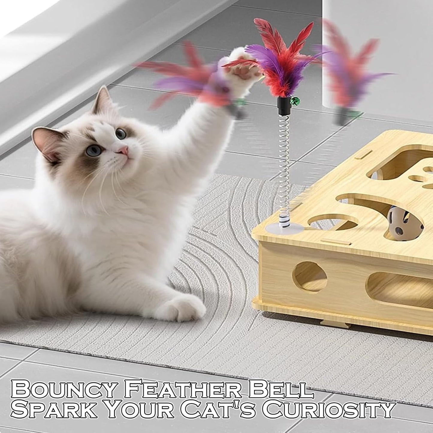 CHIZISX Cat Nail File Toy top view highlighting treat holes and feather teaser wand.