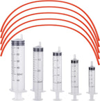 Jutom 10 Pack Puppy Kitten Feeding Tube Kit front view featuring five red rubber tubes and five clear syringes.