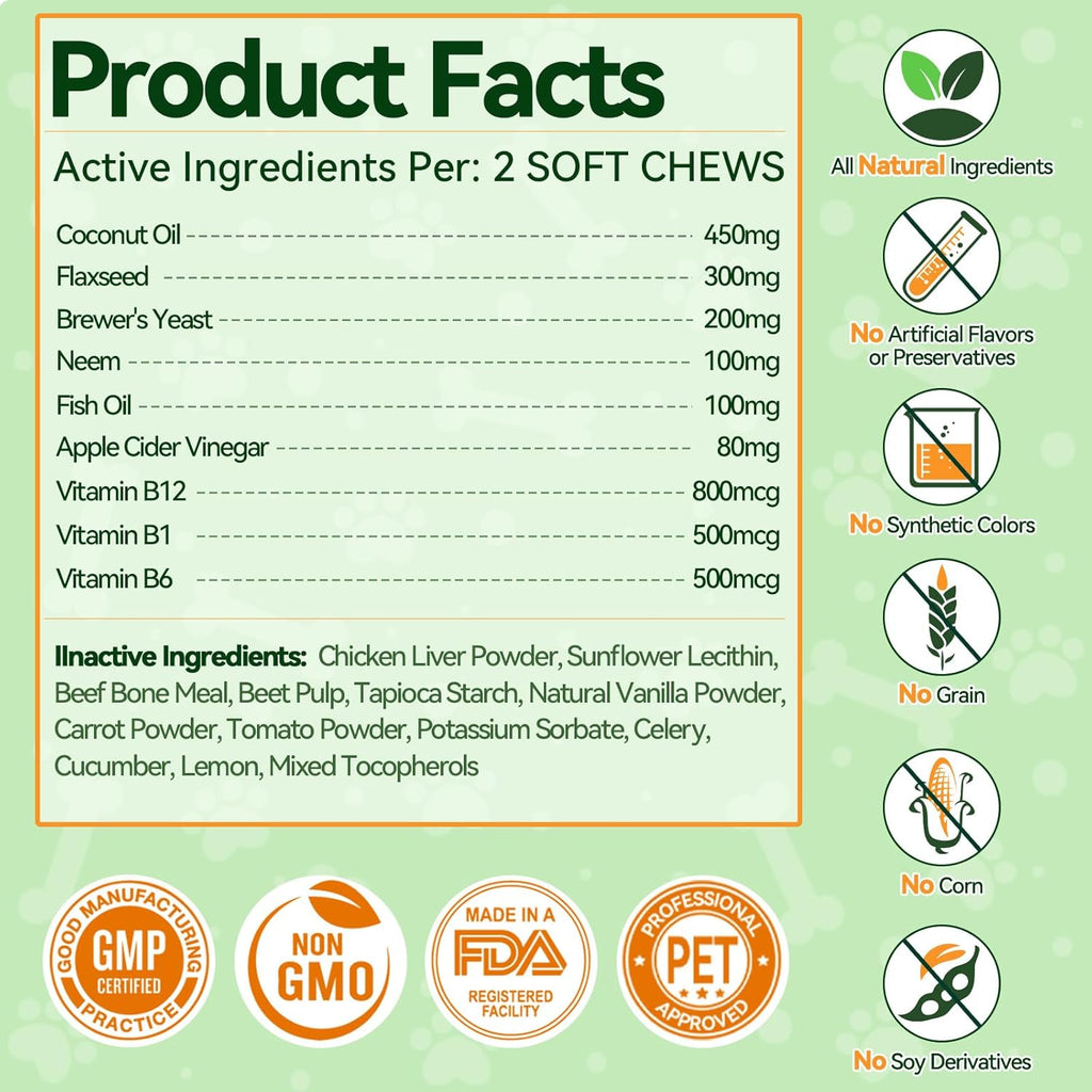 Carmelie puppy flea protection supplement container detailing skin, coat, and immune system benefits.
