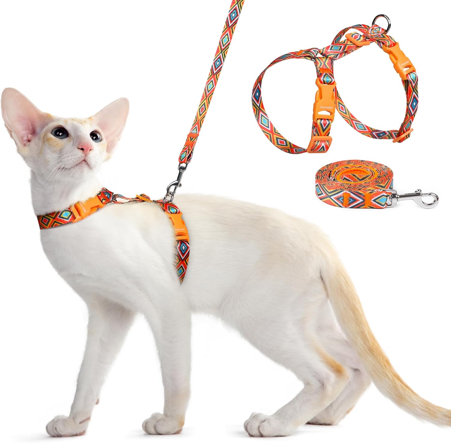 Dooradar cat harness and leash set orange and black front view