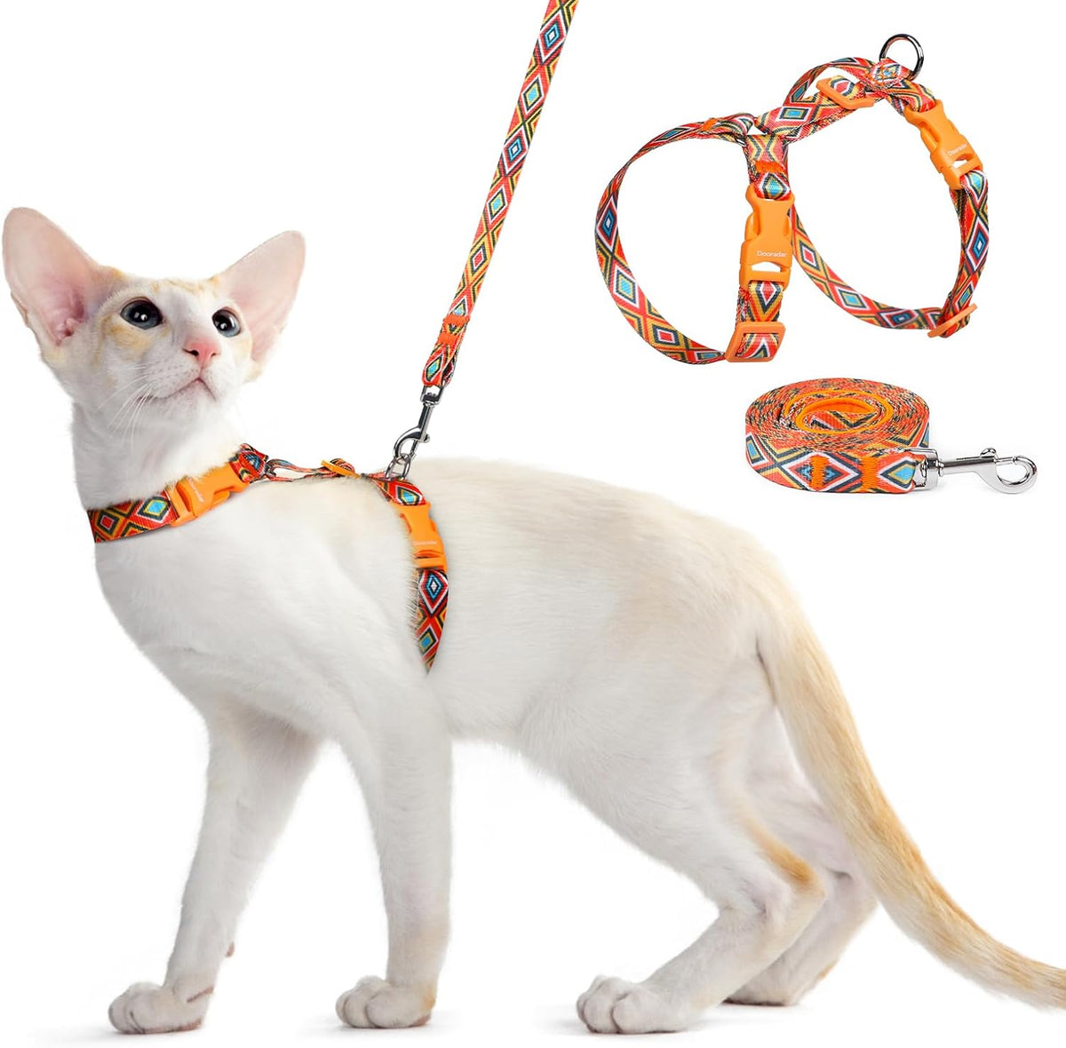 Dooradar cat harness and leash set orange and black front view