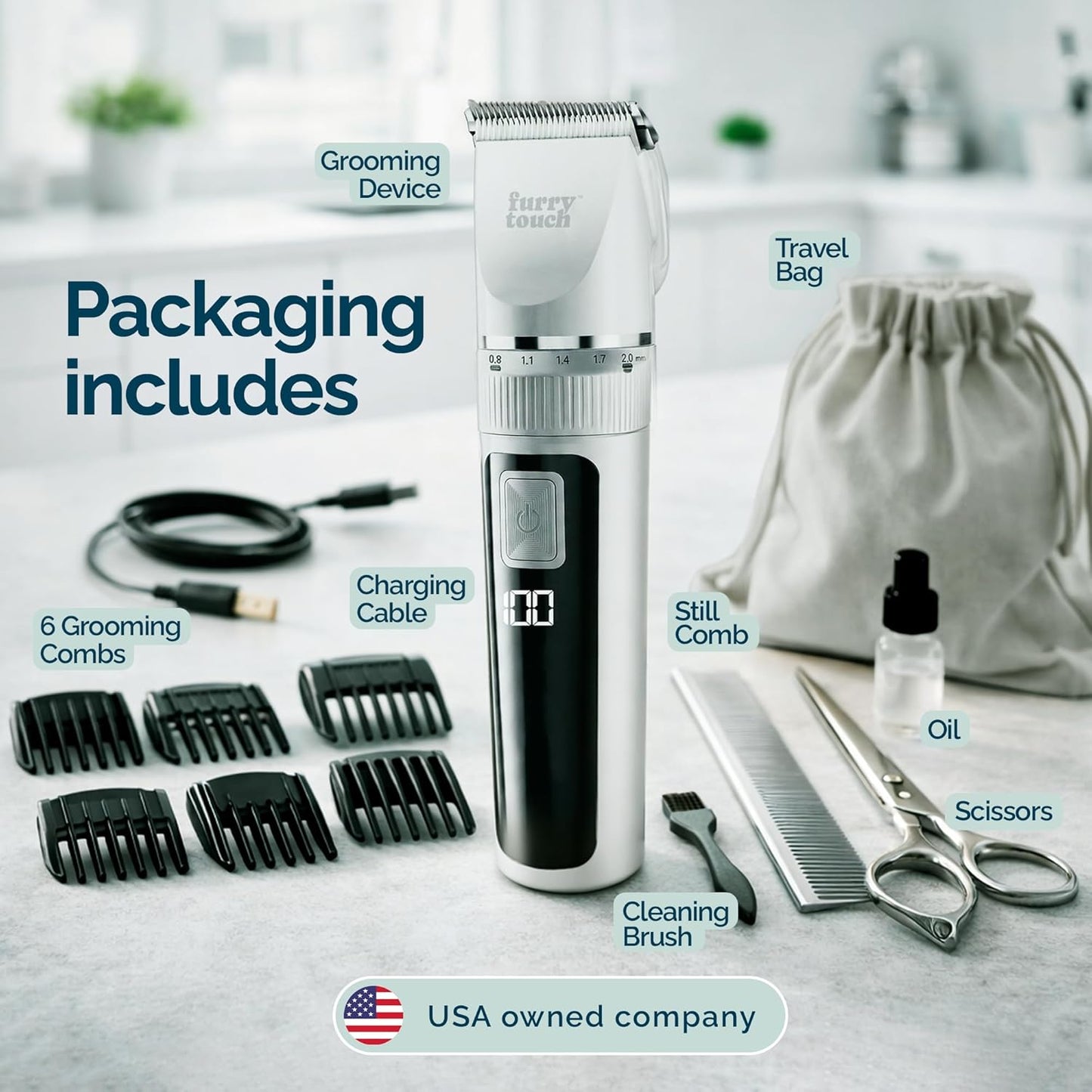 Complete Furry Touch imported pet grooming kit packed safely inside the included black travel storage bag.