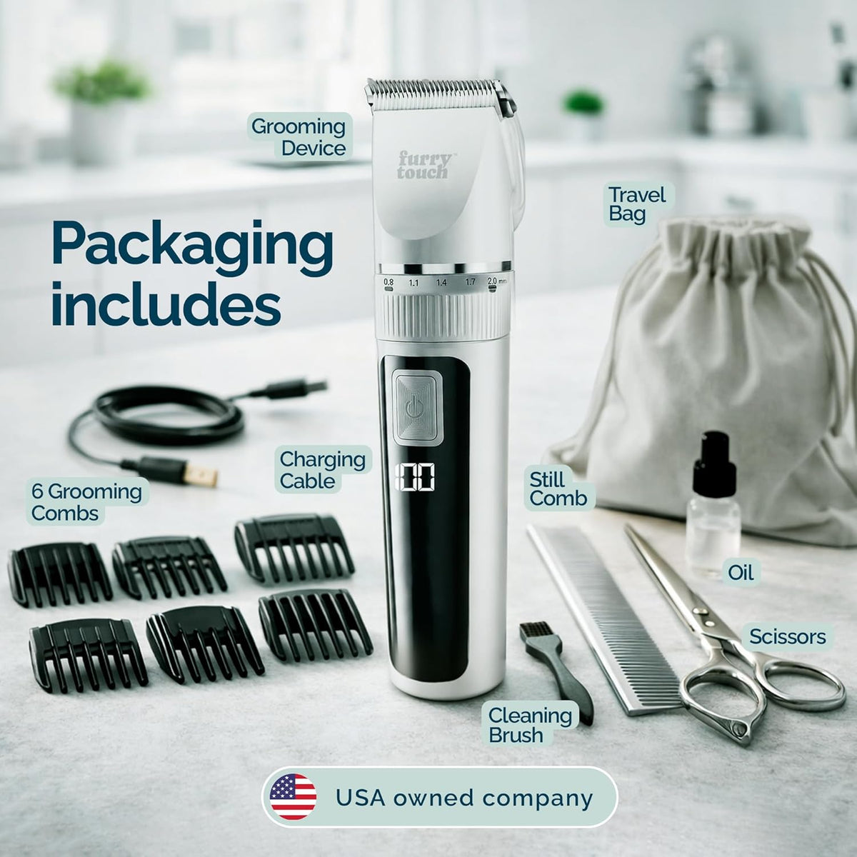 Complete Furry Touch imported pet grooming kit packed safely inside the included black travel storage bag.