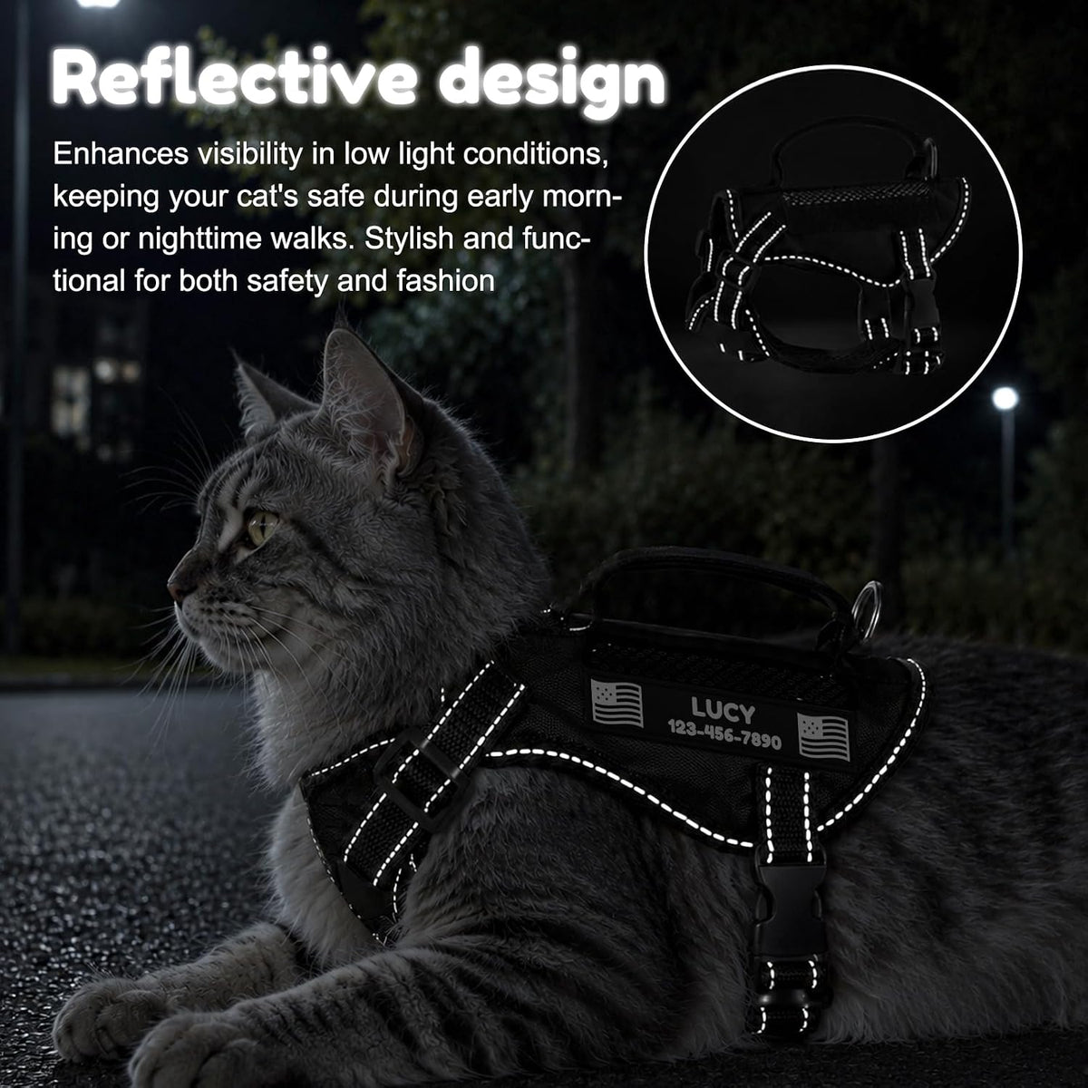 Echo Pounce escape proof cat harness highlighting the custom name patch panels.
