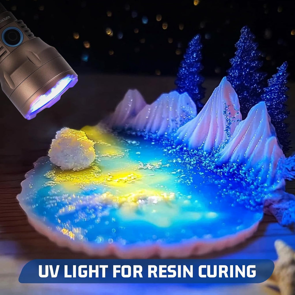 Lumenshooter S3U rechargeable ultraviolet torch curing craft resin quickly under a true three hundred sixty-five nanometer light beam.