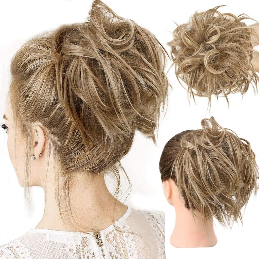 HMD Tousled Updo Messy Bun Hairpiece front view showcasing light brown and natural blonde synthetic wavy hair volume