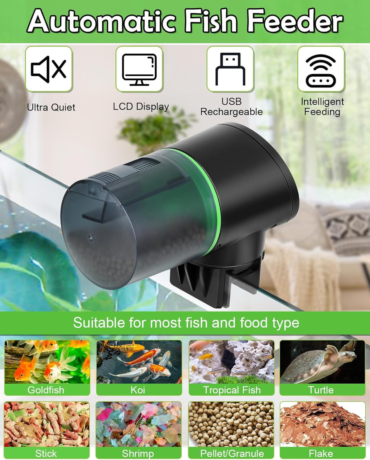 Rechargeable fish tank food dispenser mounted on a glass aquarium side