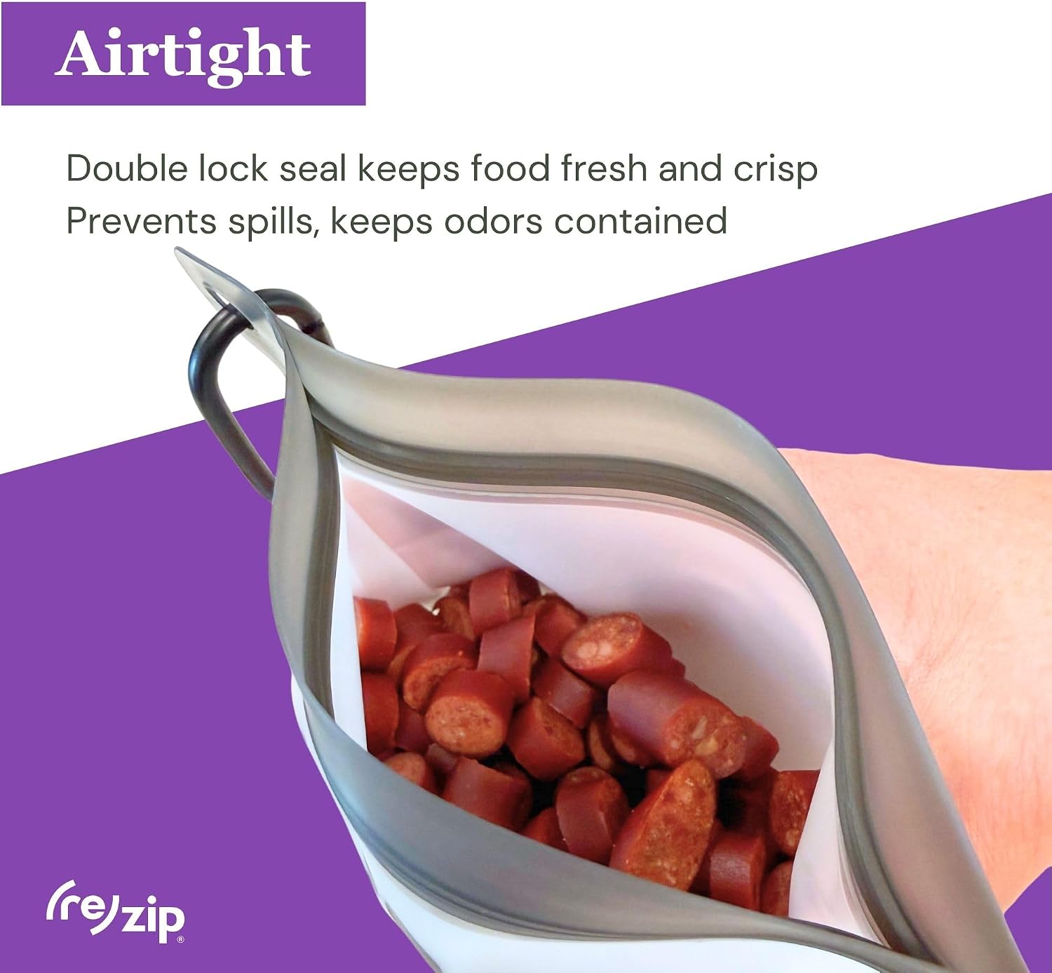 Rezip reusable dog treat bags attached to a pet leash using the integrated carabiner clip.