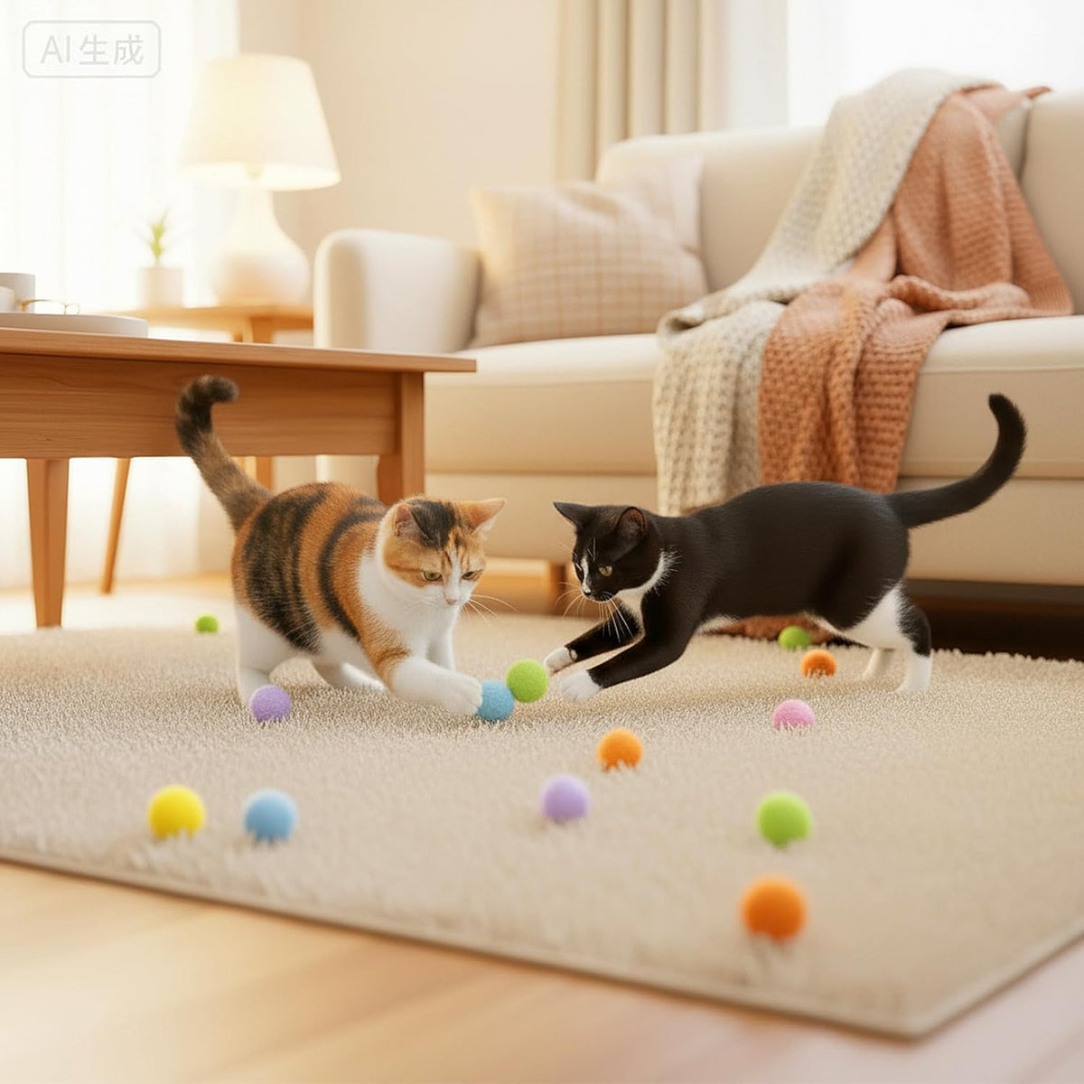 Full pack of one hundred pieces colorful fuzzy pet balls designed for chasing and pouncing