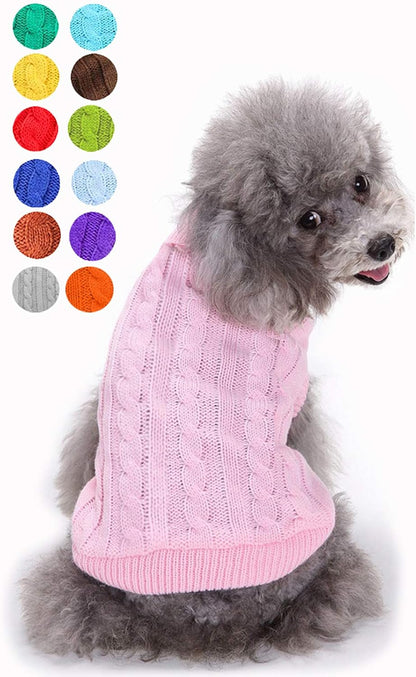 Bwealthest warm classic turtleneck pet sweater front view on a small pink dog.