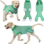 Karoku dog recovery suit green stripe small front view protecting abdominal wounds
