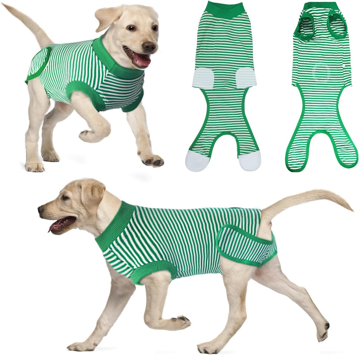 Karoku dog recovery suit green stripe small front view protecting abdominal wounds