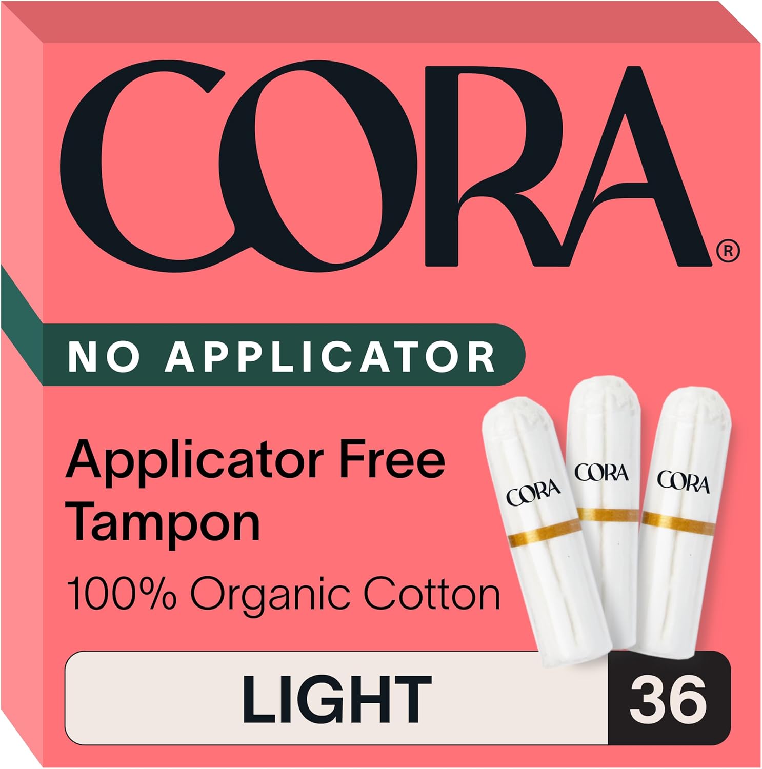 Cora Organic Non-Applicator Tampons front view 36 count box