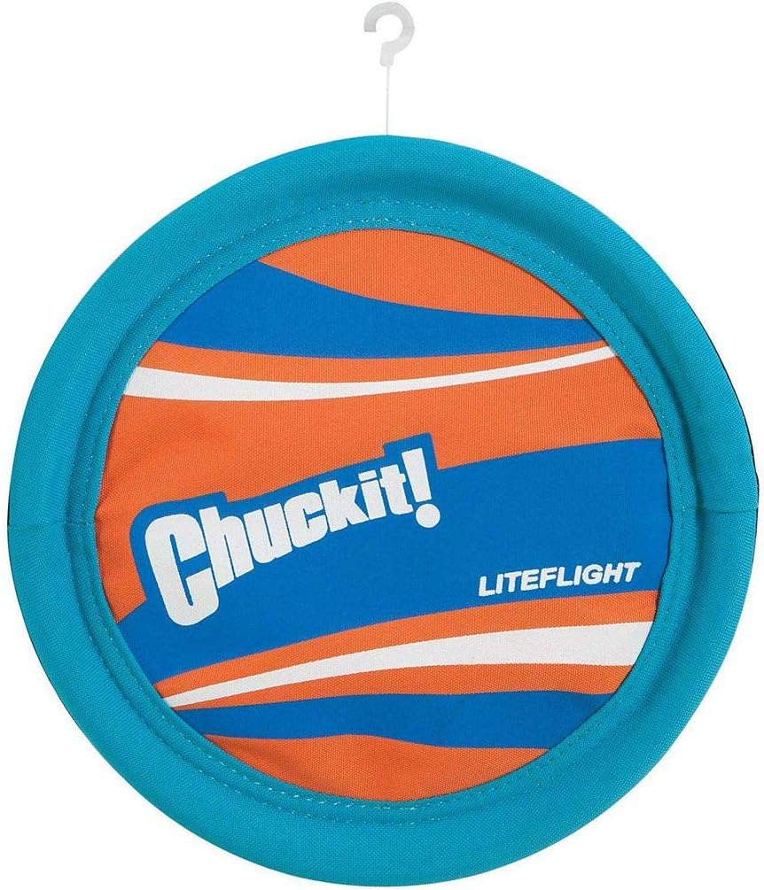 Authentic Chuckit! dog frisbee being held by hand for scale