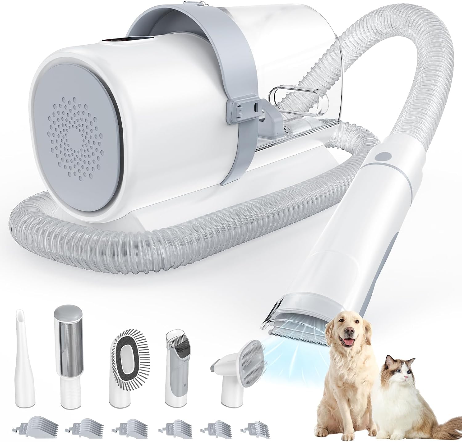 DUMOS Pet Grooming Vacuum Kit front view with ivory main unit and large dust cup