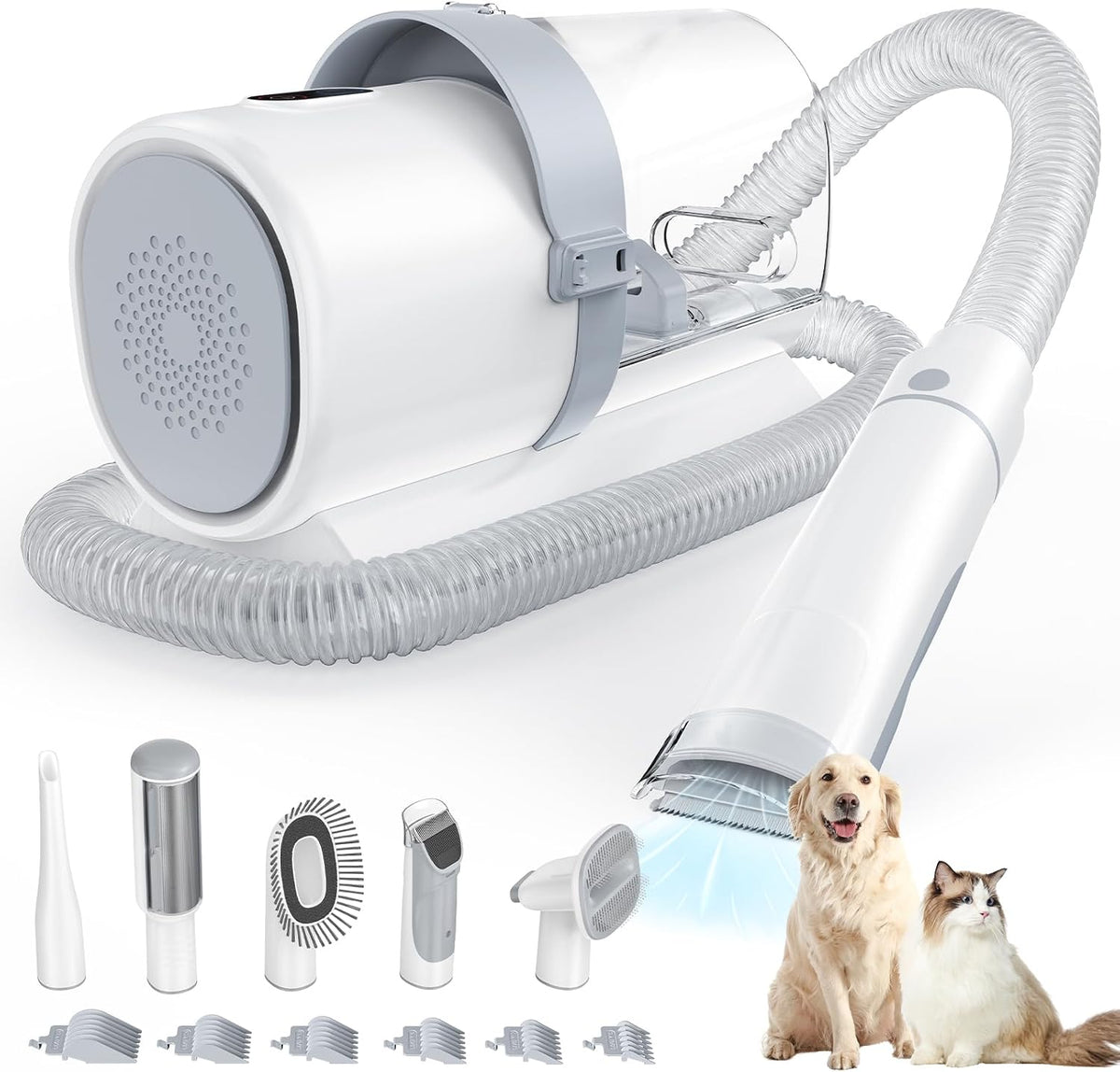 DUMOS Pet Grooming Vacuum Kit front view with ivory main unit and large dust cup